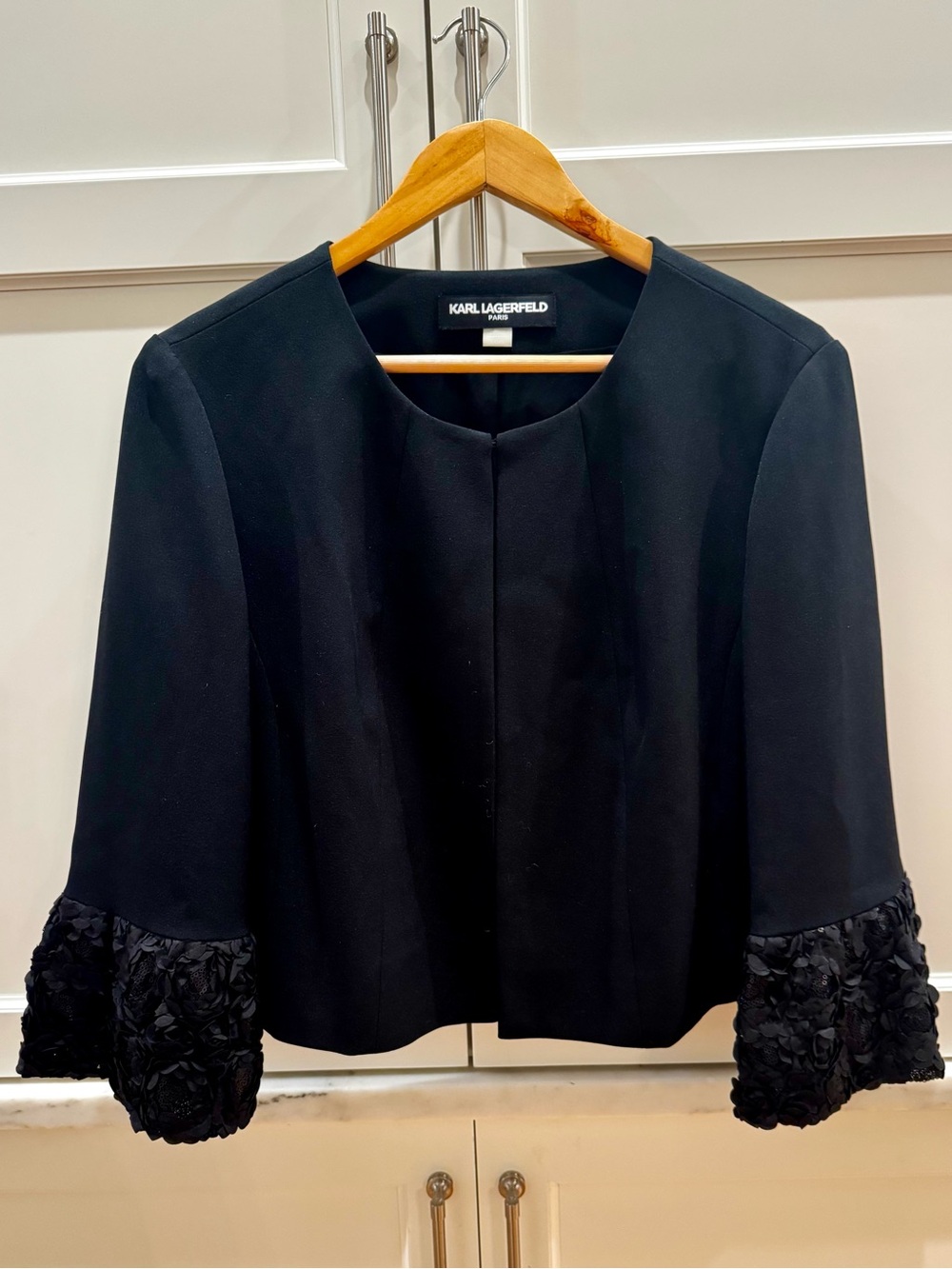 Karl Lagerfeld Paris Black Open Front Jacket 3D Floral Rosette Cuffs L